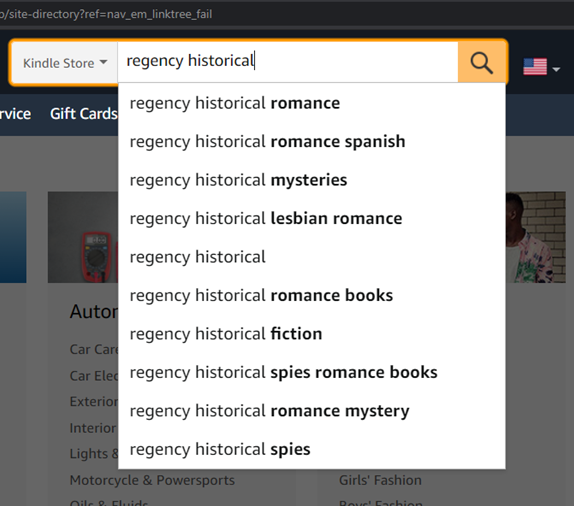 Amazon keywords - a screenshot of the autocomplete results in the search bar