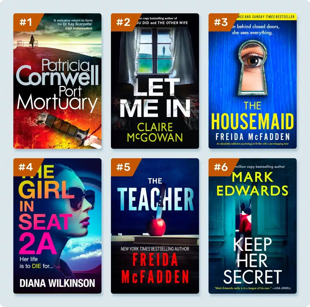 A grid of 6 bestselling thrillers on Amazon. Book Cover Design example
