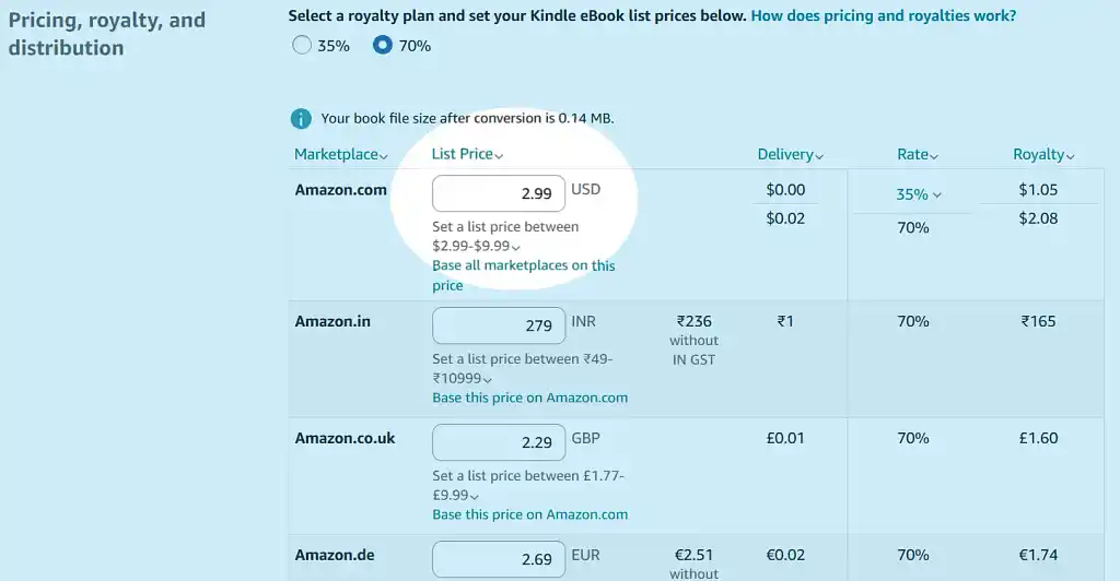 Pricing, royalty, and distribution on Amazon KDP