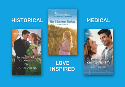 The image shows three Harlequin book covers from the historical, love inspired, and medical series respectively.