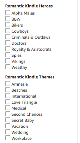 Amazon keywords - an example of sidebar categories for the romance genre