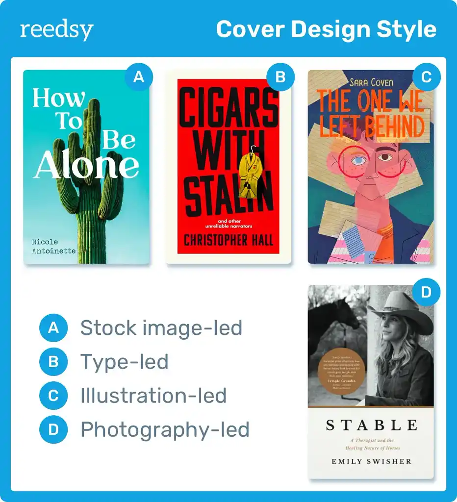 Four different styles of cover design: stock image-led, type-led, illustration-led, photography-led