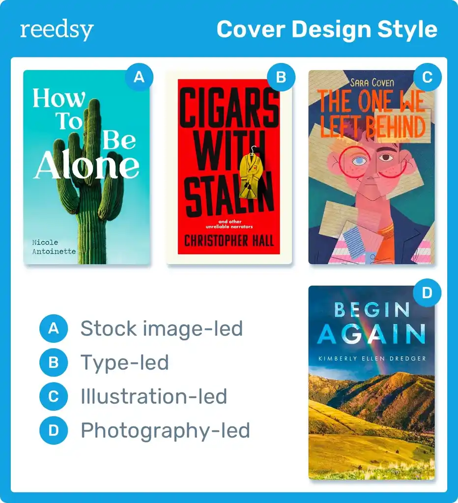 Four different styles of cover design: stock image-led, type-led, illustration-led, photography-led