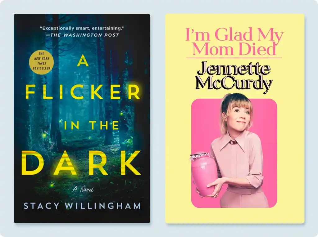 Two book covers: A flicker in the dark, and I'm Glad My Mom Died