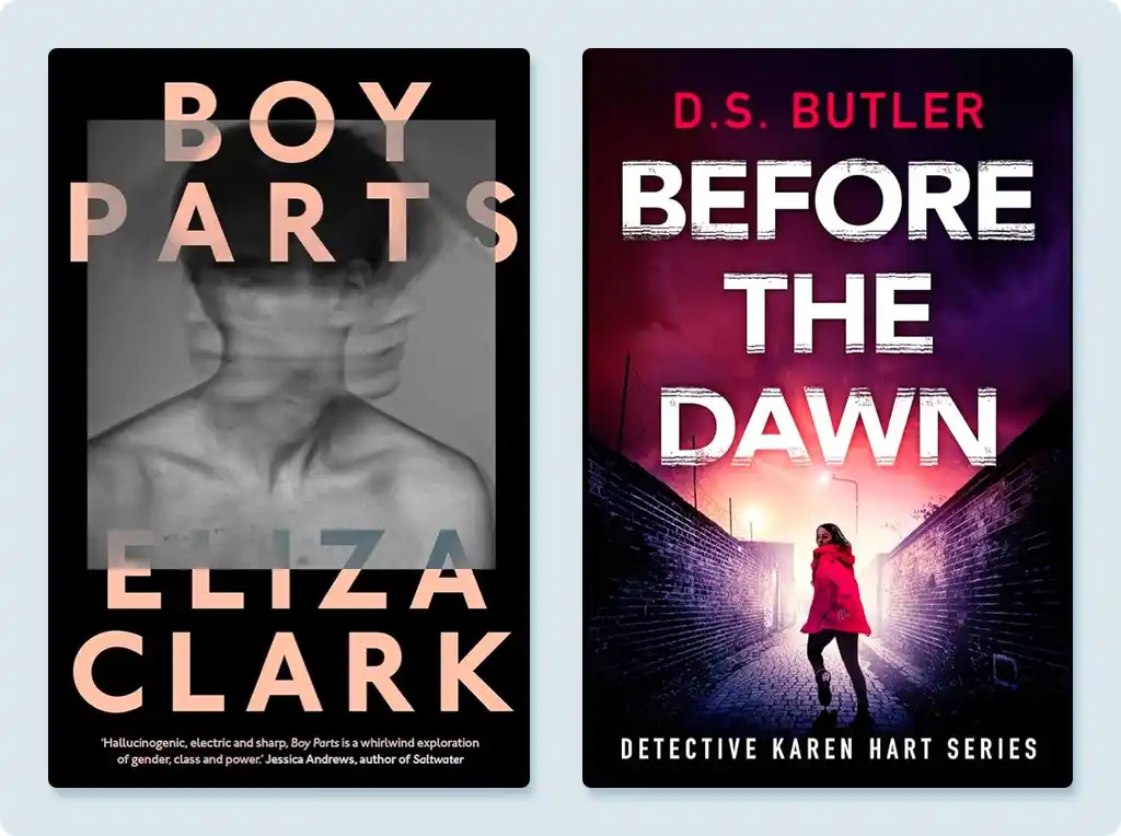 Two cover designs with obscured eyes