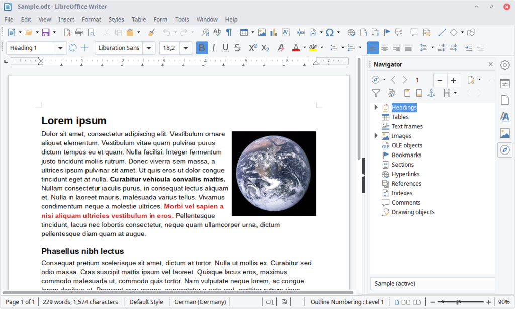 Book Writing Software | A screenshot of latin text in LibreOffice Writer