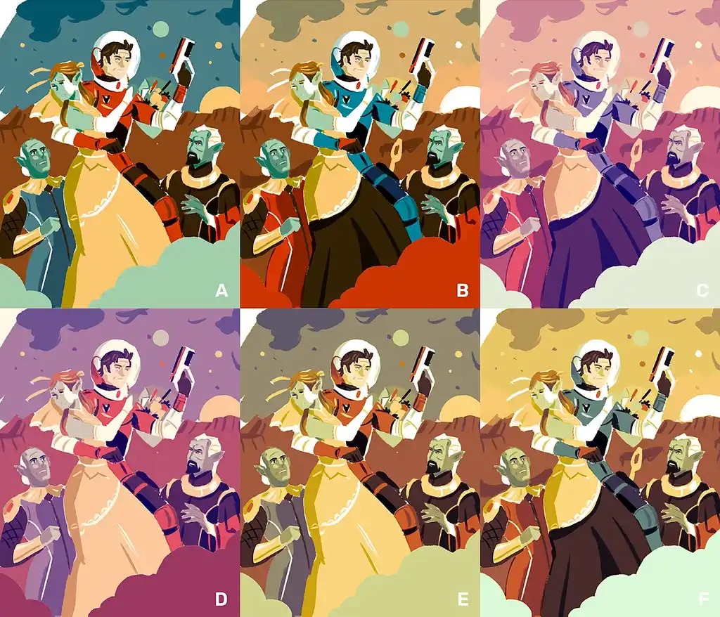 A cover designed re-colored in six different ways