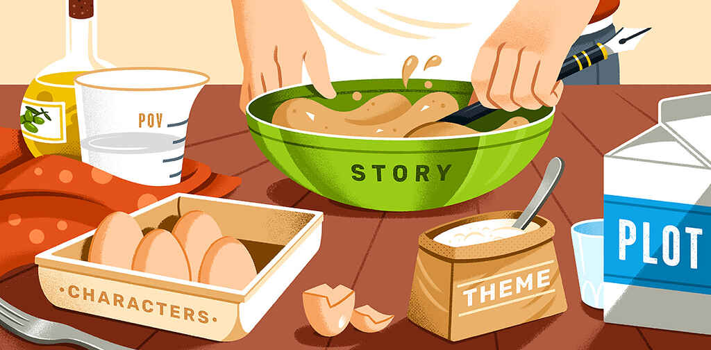 Illustration of a writer mixing storytelling ingredients