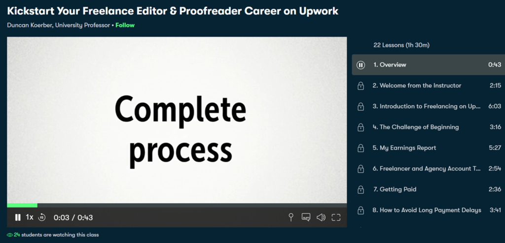 Skillshare Course on Freelance Proofreading on Upwork