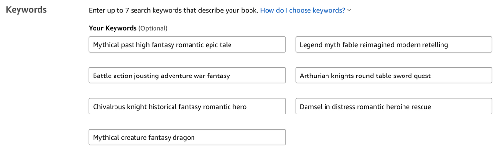 Amazon keywords: Image of the keyword entry fields in the KDP dashboard