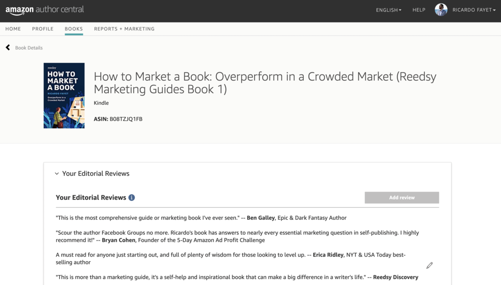 Screenshot of Amazon Author Central's editorial review section