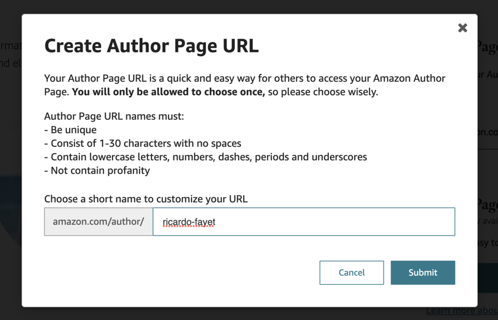 Screenshot of Amazon Author Central interface, showing the field for 