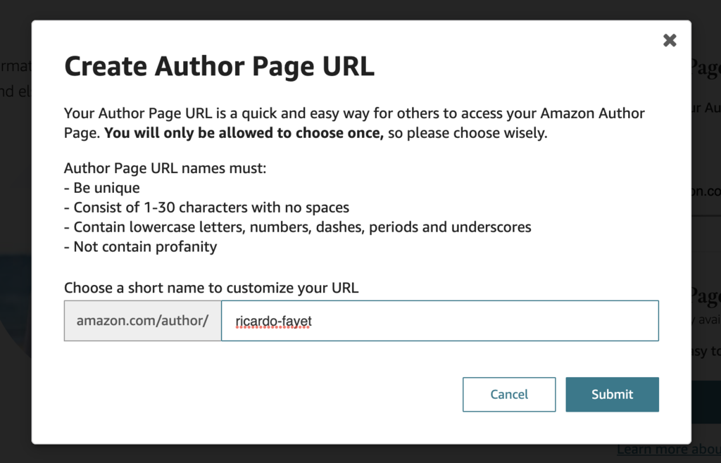 Screenshot of Amazon Author Central interface, showing the field for "Author page URL"