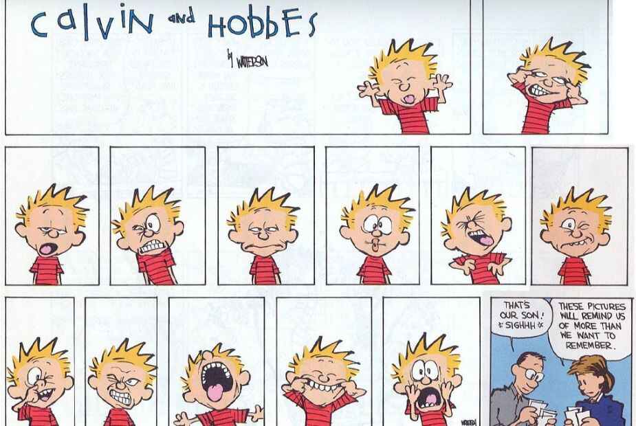 A Calvin and Hobbes comic strip. A little blond boy Calvin makes multiple silly faces in school photos. In the last panel, his father says, "That's our son. *Sigh*" His mother then says, "The pictures will remind of more than we want to remember."
