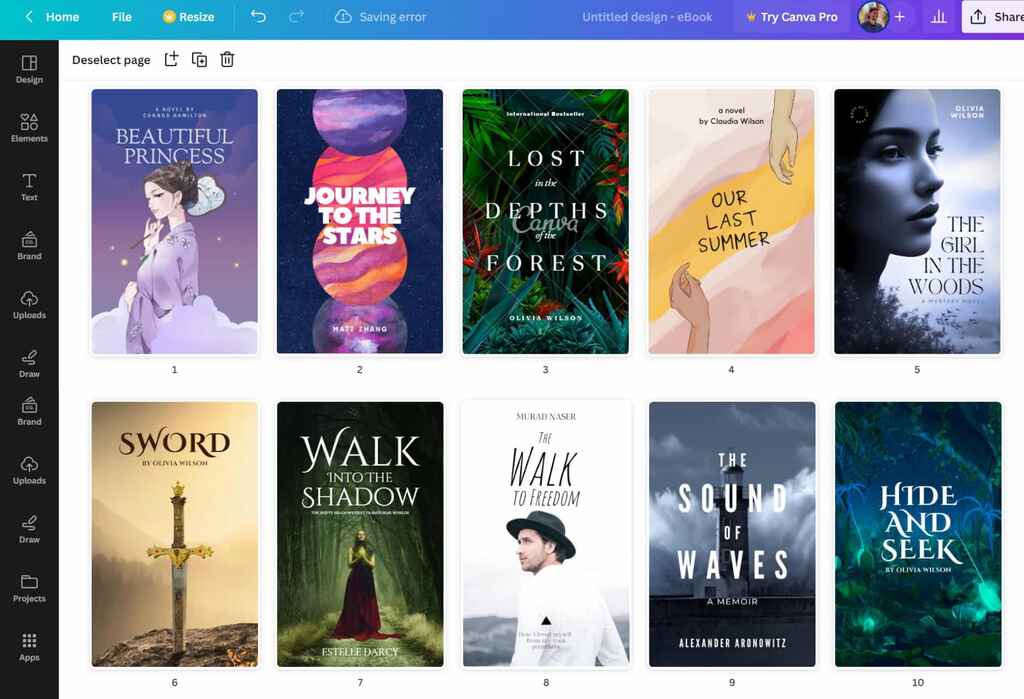 Examples of book cover templates on Canva