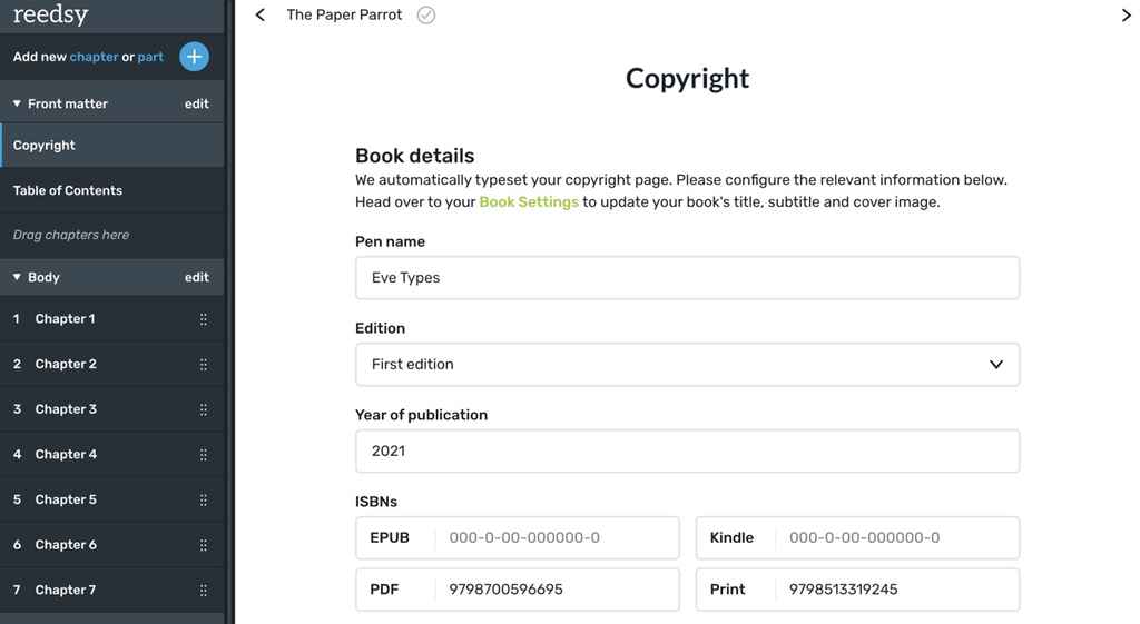 copyright page Reedsy Book Editor