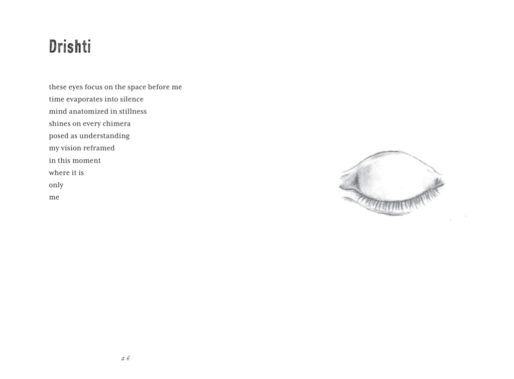 A double page spread with a short poem on the left page, and a minimalist drawing of a closed eye on the right. 