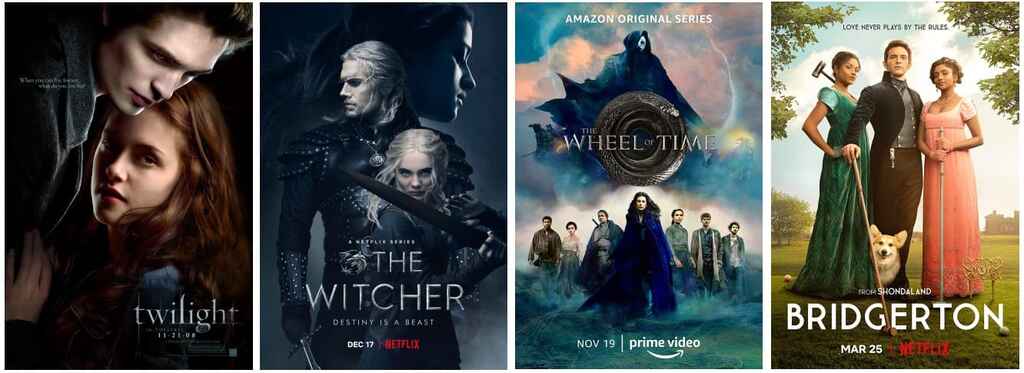 TV Series poster of Twilight, The Witcher, The Wheel of Time, and Bridgertone