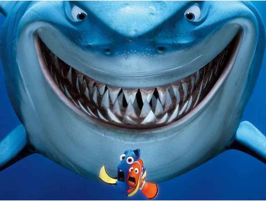 The shark scares Marlin and Dory in Finding Nemo