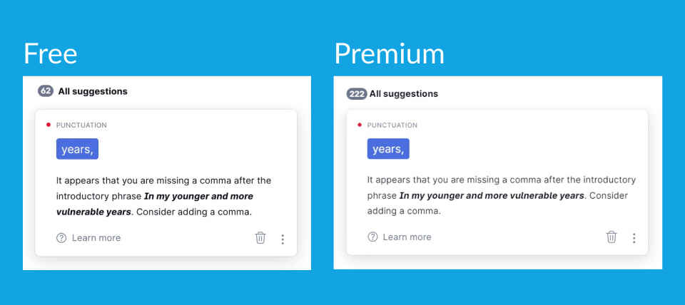 Screengrab showing the different amount of feedback from Grammarly Free and Premium