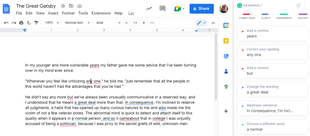 Screengrab of Grammarly's extension working with Google Docs