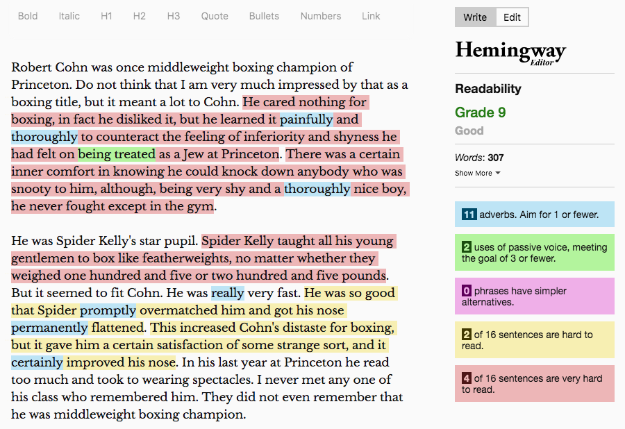 Book Writing Software | Text highlighted and annotated in the Hemingway App