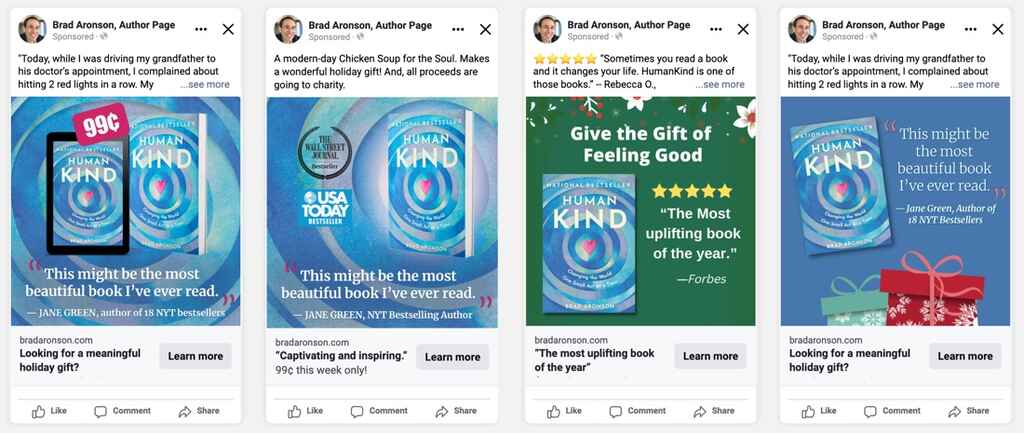 a series of four different Facebook ads for Brad's book