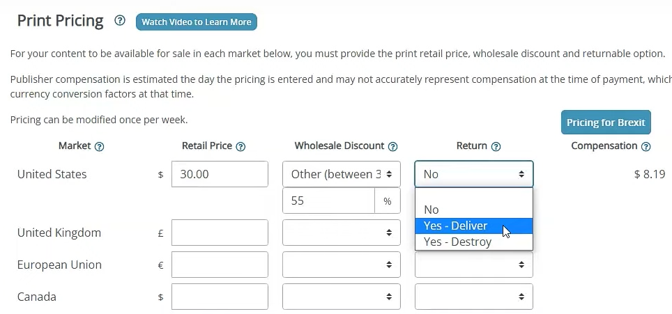 Screengrab of how to set your book returnable on IngramSpark