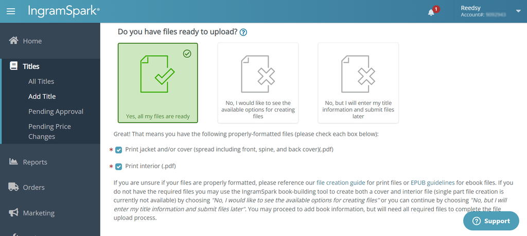 Screengrab of IngramSpark's Print on demand platform