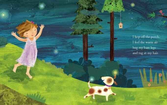 Illustration of a child picking up fireflies during a summer night