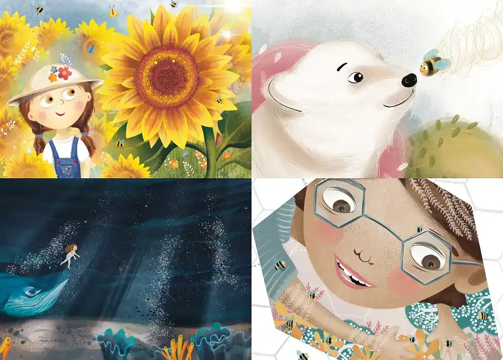 Warm childrens book illustrations of kids in sunflower fields or chasing rainbows