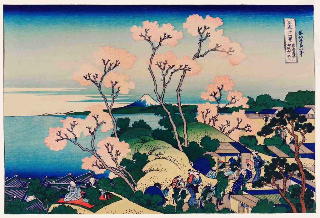 A Japanese painting with cherry blossom and a mountain