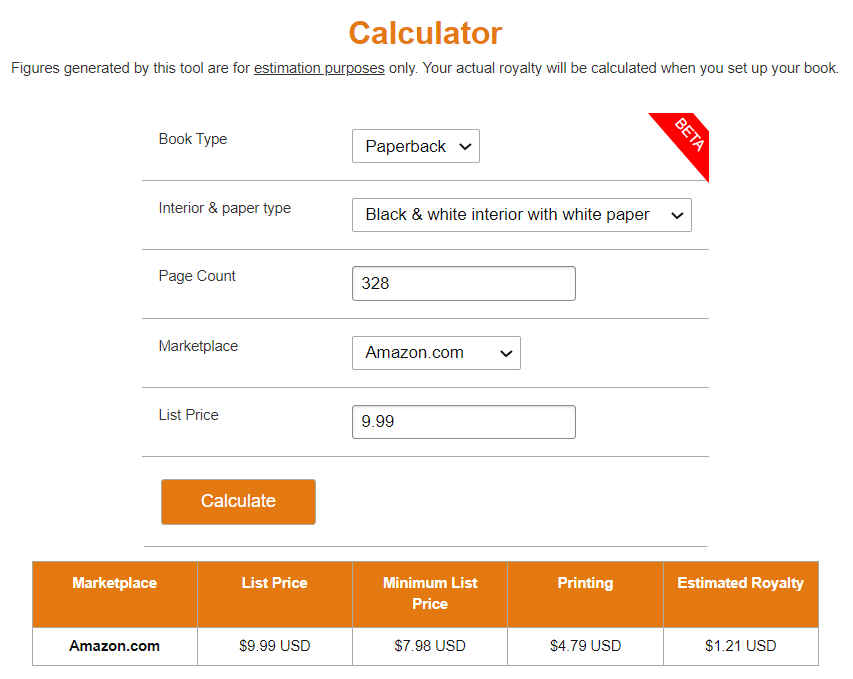 Screengrab of KDP Print Estimated Earnings calculator