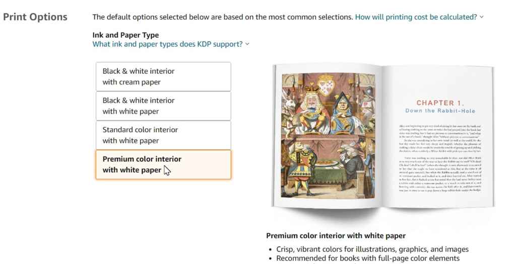 Screengrab of KDP Print color and paper options