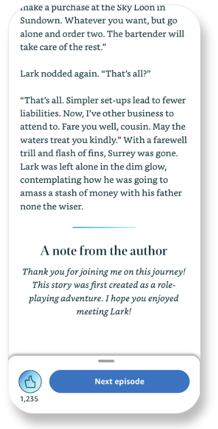 Kindle Vella | Screenshot showing that the author's note appears at the bottom of an episode