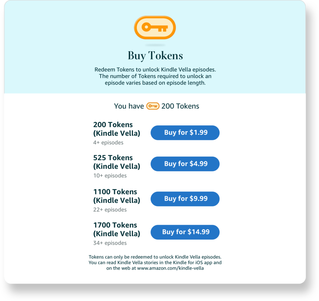 Kindle Vella | Shows Amazon's currently proposed token pricing plan.