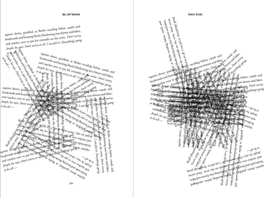 Poetry book layout example of experimental poetry, where blocks of poetry are rotated and overlapping.
