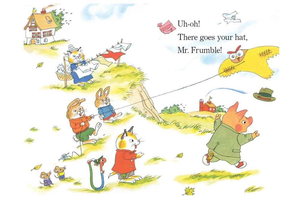 Picture book illustration of Mr. Frumble losing his hat