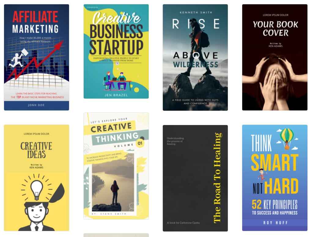 Examples of cover templates on PosterMyWall for the self-help genre