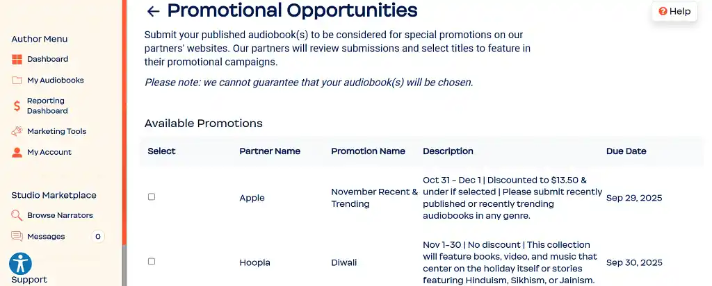 Promotional Opportunities tab on Author's Republic