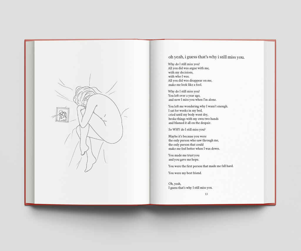 Two page spread, with a line illustration on the left page, and a longer poem taking up all of the right page.