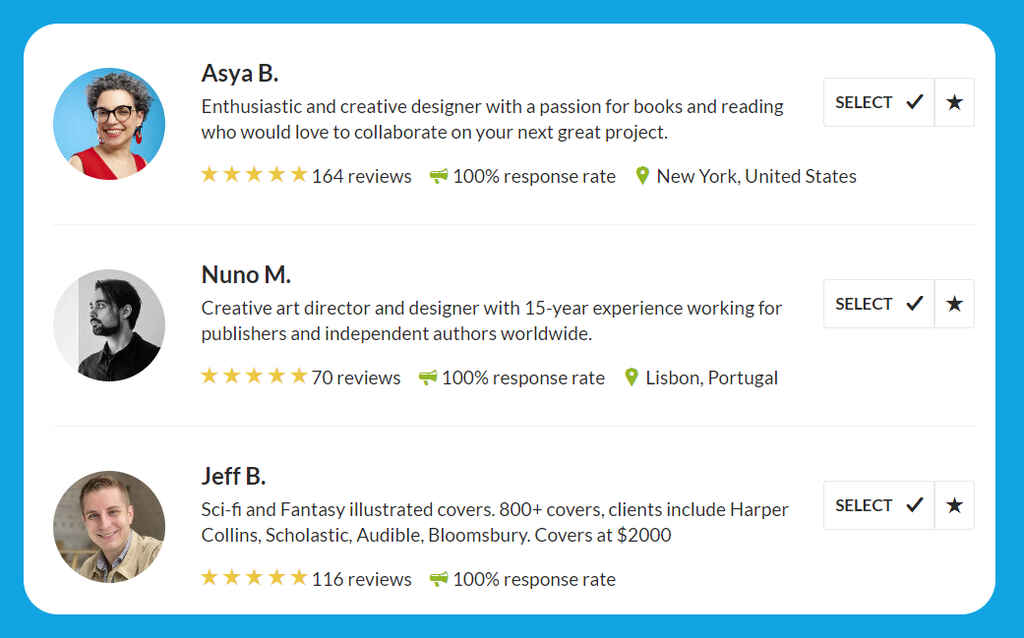 Screengrab of 3 designer profiles on Reedsy's marketplace