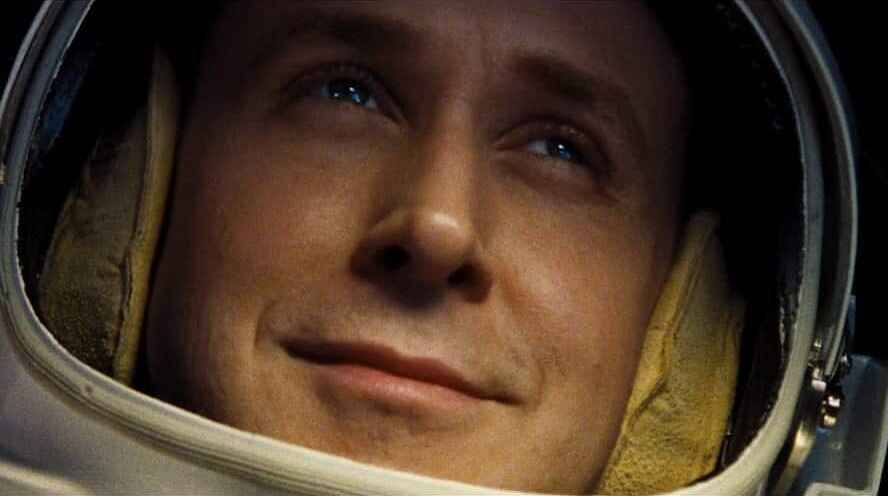 A close up shot of actor Ryan Gosling in a space suite