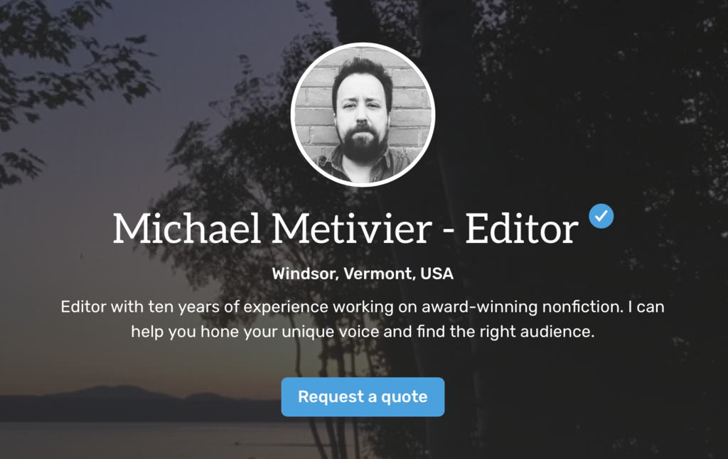 Screenshot of Michale Metevier's Reedsy profile, showing his profile photo