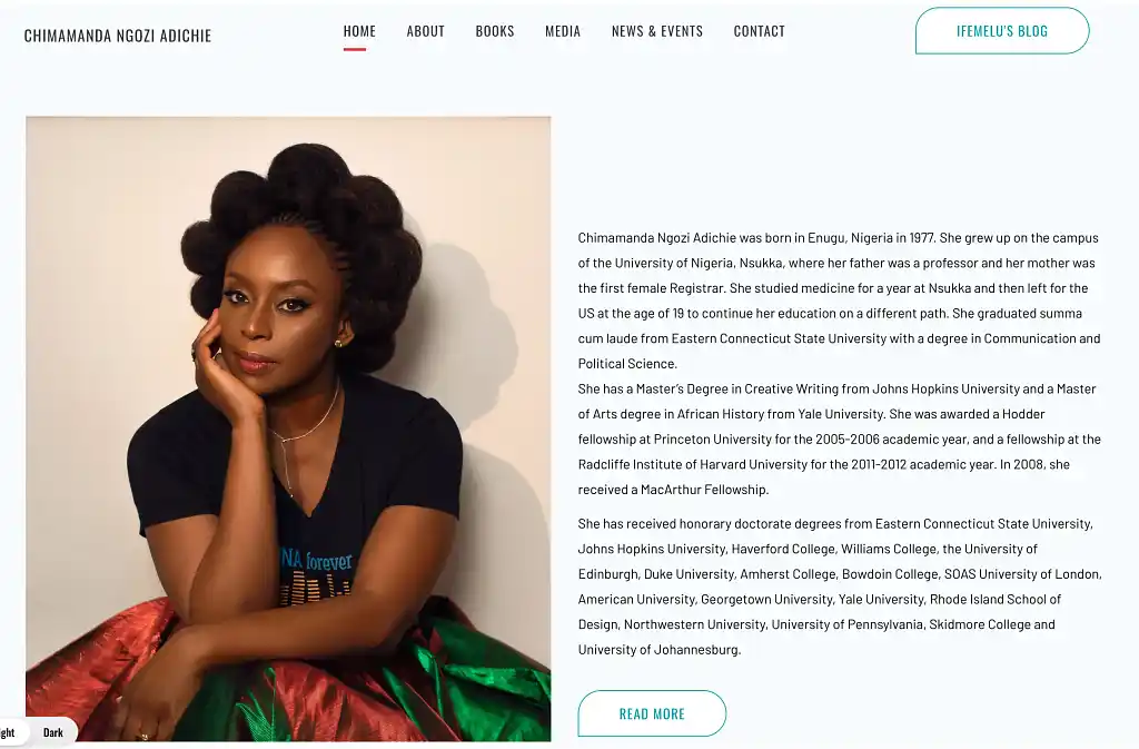 Screenshot of Chimamanda's website