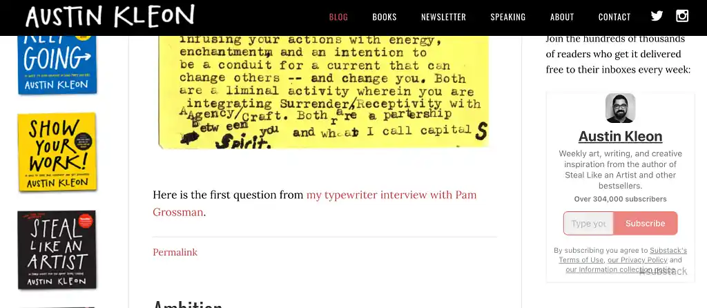 Screenshot of author Austin Kleon's website