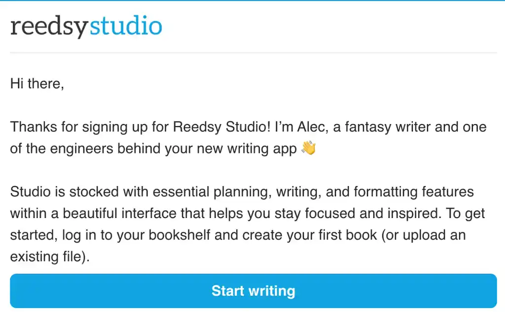 Screenshot of a Reedsy Studio welcome automation