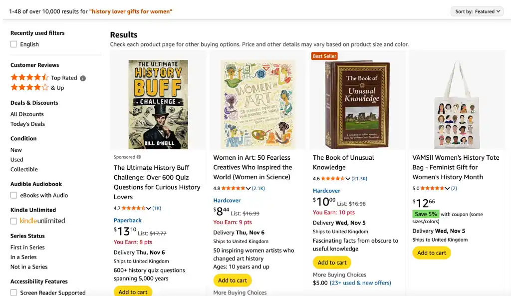 Screenshot showing Amazon search results for the 'history lover' keyword