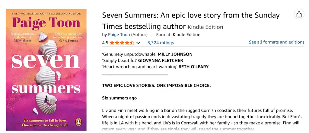 Screenshot of the current #1 romance novel on Amazon (Seven Summers by Paige Toon)