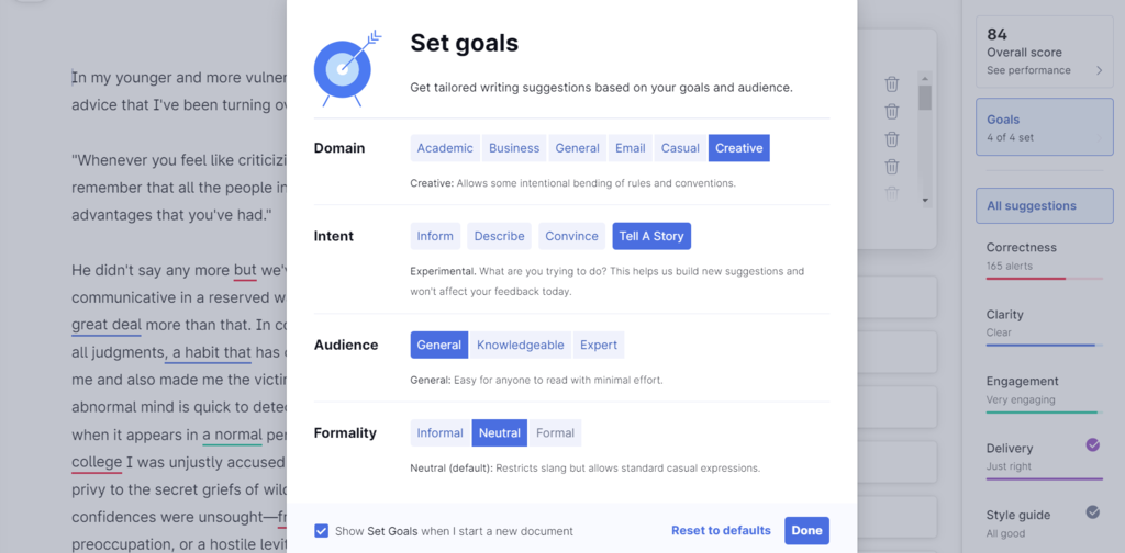 Screengrab of Grammarly's Writing Goals options